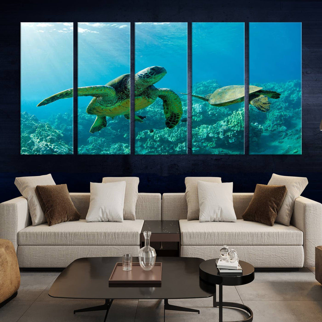 Two Beautiful Sea turtle Wall Art Canvas Print, Ocean Wild Life Print