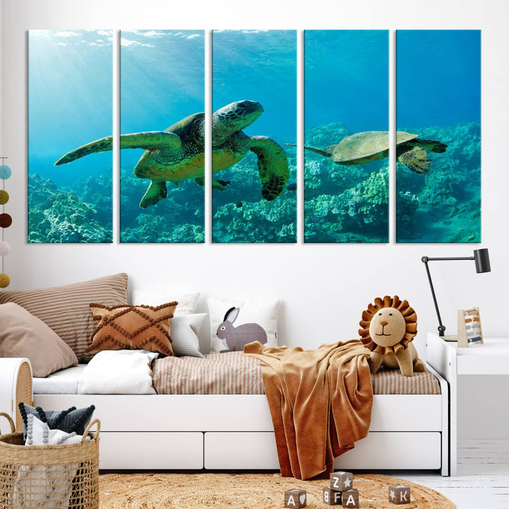 Two Beautiful Sea turtle Wall Art Canvas Print, Ocean Wild Life Print