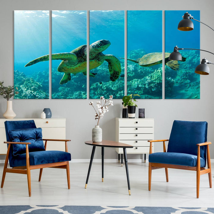 Two Beautiful Sea turtle Wall Art Canvas Print, Ocean Wild Life Print