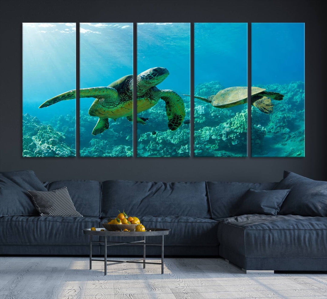 Two Beautiful Sea turtle Wall Art Canvas Print, Ocean Wild Life Print