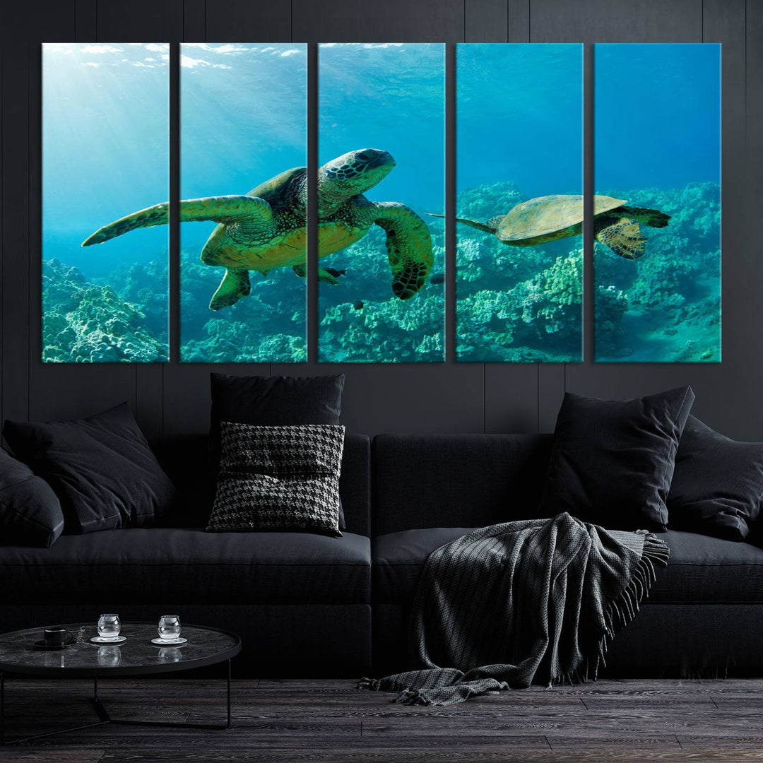 Two Beautiful Sea turtle Wall Art Canvas Print, Ocean Wild Life Print