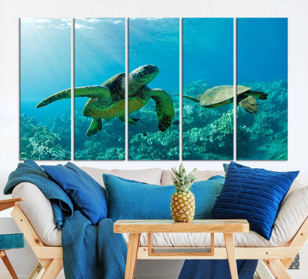 Two Beautiful Sea turtle Wall Art Canvas Print, Ocean Wild Life Print