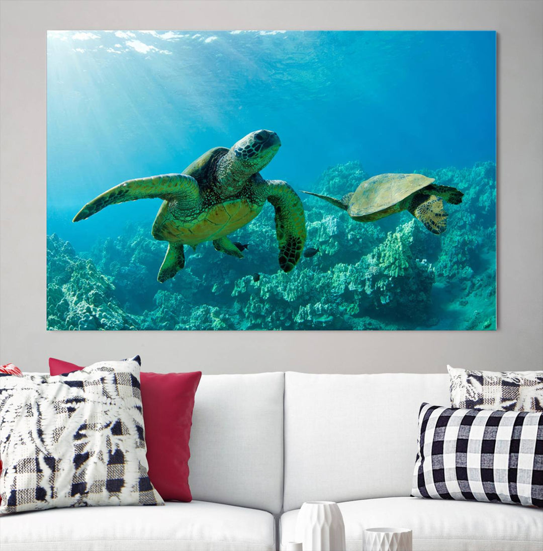 Two Beautiful Sea turtle Wall Art Canvas Print, Ocean Wild Life Print