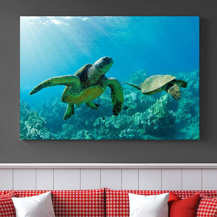 Two Beautiful Sea turtle Wall Art Canvas Print, Ocean Wild Life Print