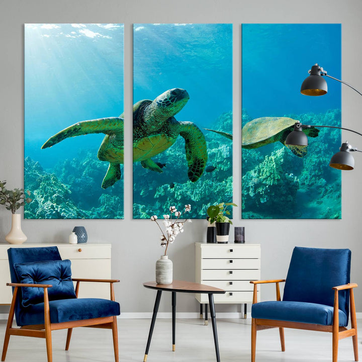 Two Beautiful Sea turtle Wall Art Canvas Print, Ocean Wild Life Print