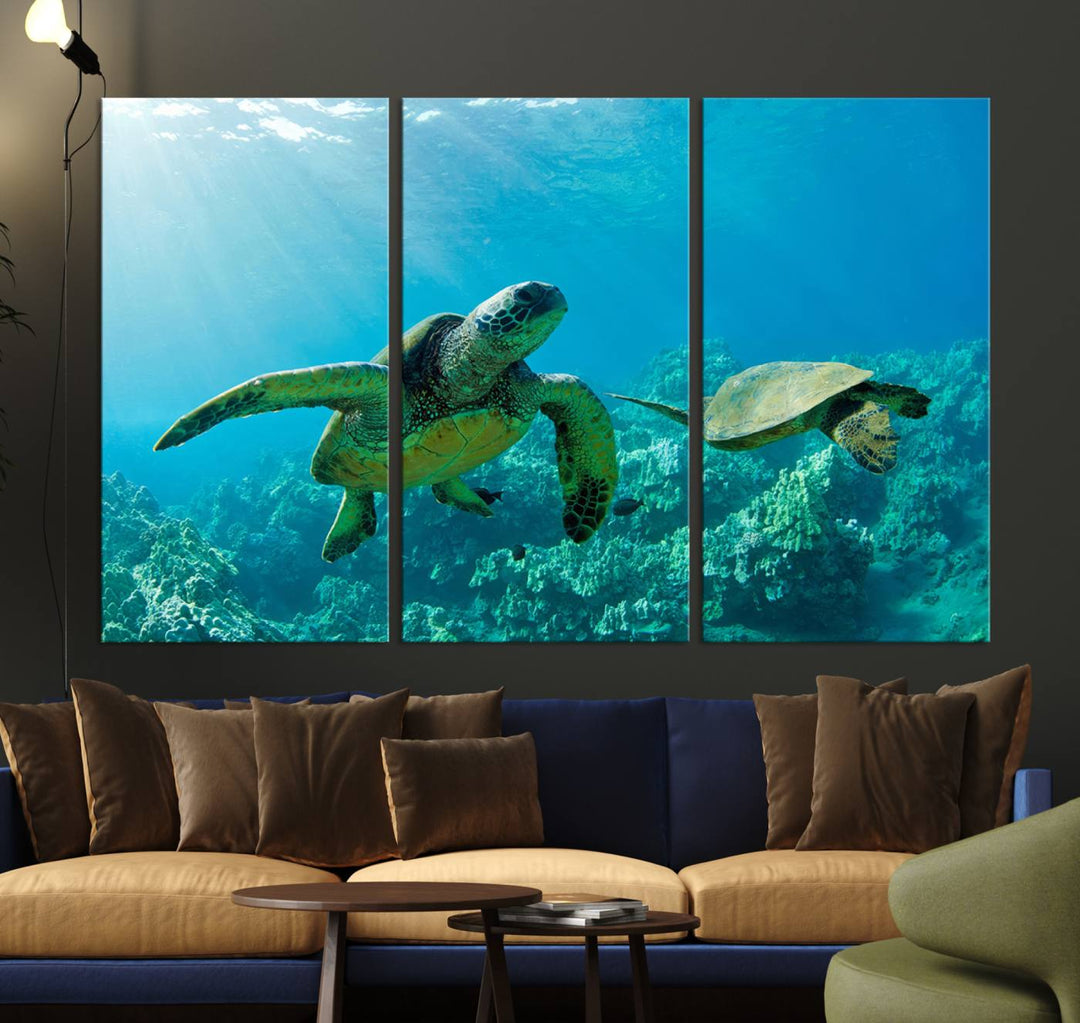 Two Beautiful Sea turtle Wall Art Canvas Print, Ocean Wild Life Print