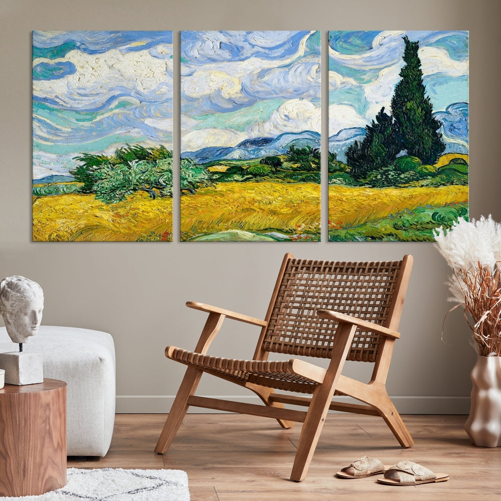 Van Gogh Canvas Painting Wheat Field with Cypresses Large Wall Art Framed Print