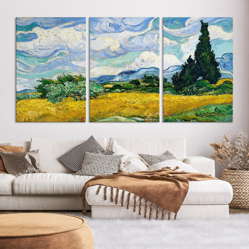 Van Gogh Canvas Painting Wheat Field with Cypresses Large Wall Art Framed Print