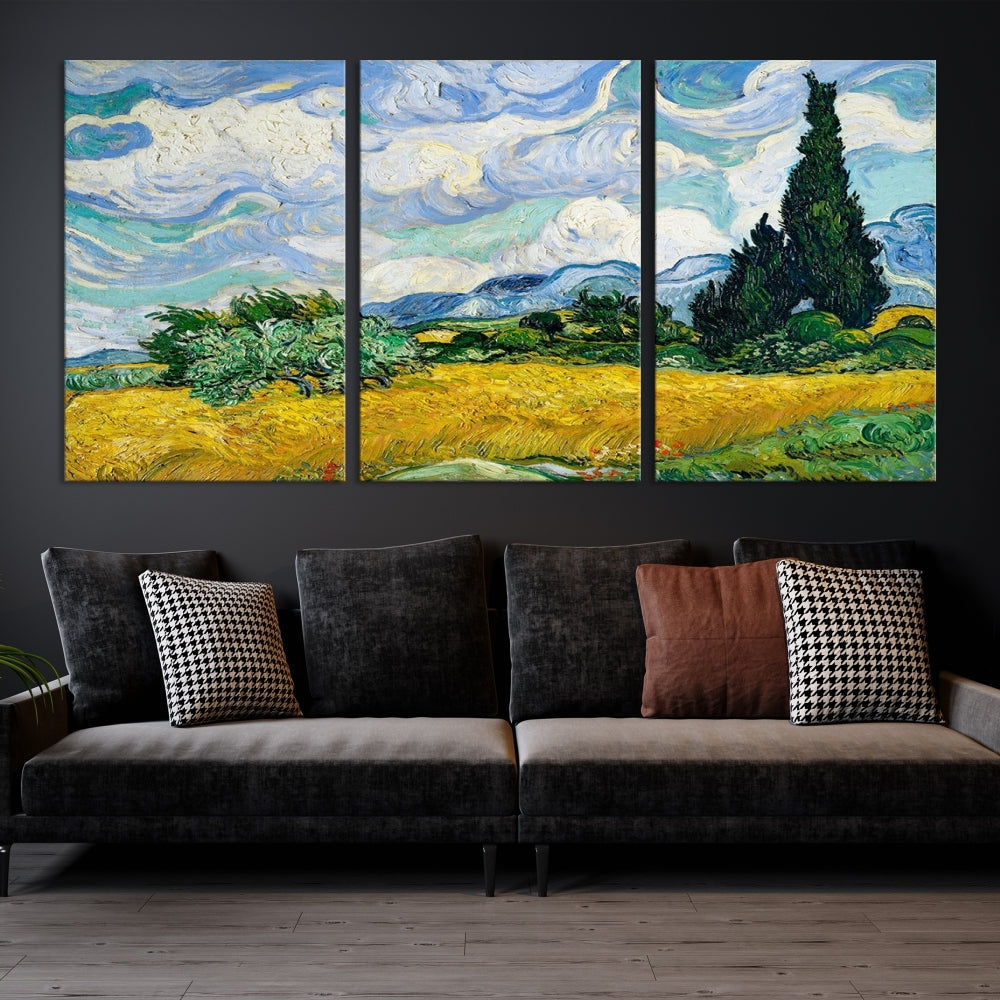 Van Gogh Canvas Painting Wheat Field with Cypresses Large Wall Art Framed Print