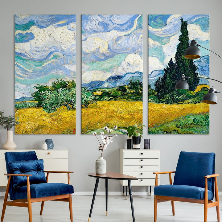 Van Gogh Canvas Painting Wheat Field with Cypresses Large Wall Art Framed Print