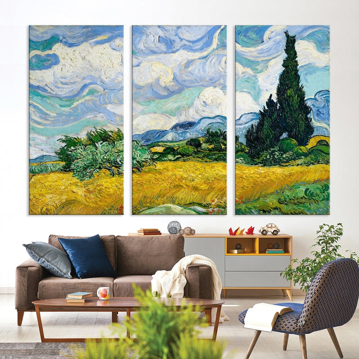 Van Gogh Canvas Painting Wheat Field with Cypresses Large Wall Art Framed Print