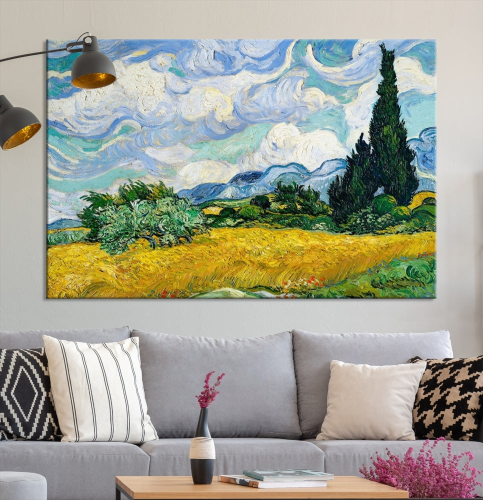 Van Gogh Canvas Painting Wheat Field with Cypresses Large Wall Art Framed Print