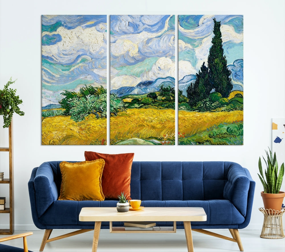 Van Gogh Canvas Painting Wheat Field with Cypresses Large Wall Art Framed Print