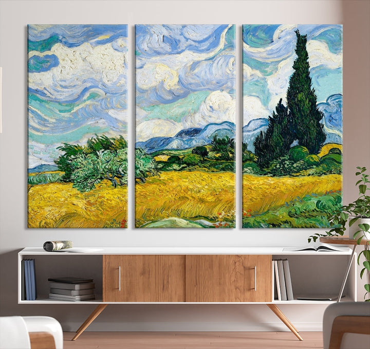 Van Gogh Canvas Painting Wheat Field with Cypresses Large Wall Art Framed Print