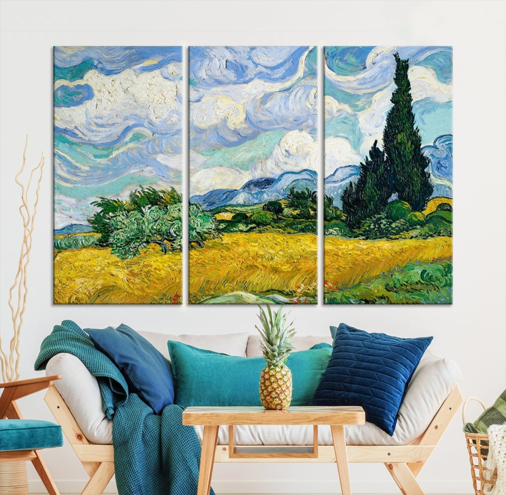 Van Gogh Canvas Painting Wheat Field with Cypresses Large Wall Art Framed Print