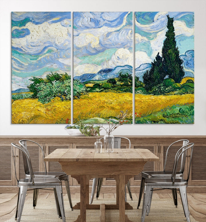 Van Gogh Canvas Painting Wheat Field with Cypresses Large Wall Art Framed Print