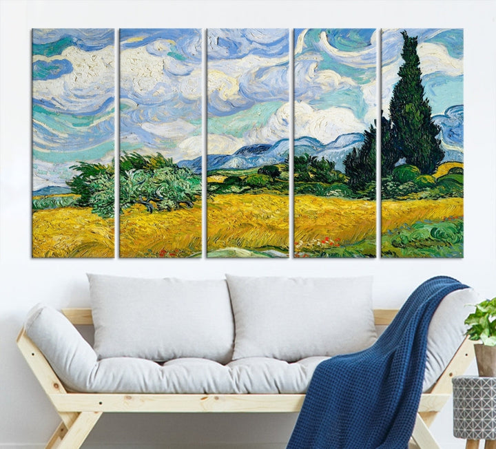 Van Gogh Canvas Painting Wheat Field with Cypresses Large Wall Art Framed Print