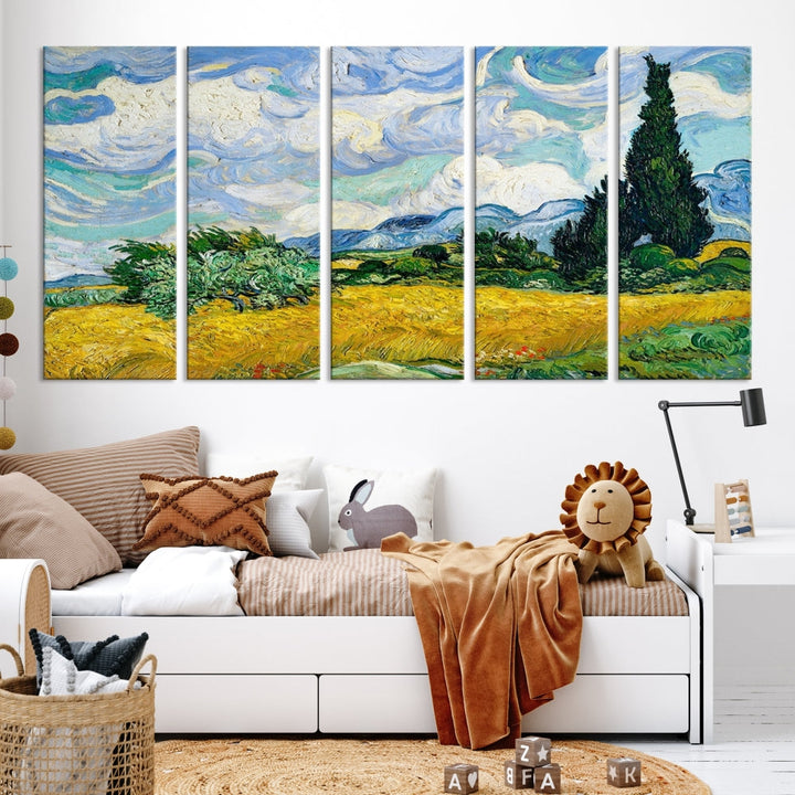 Van Gogh Canvas Painting Wheat Field with Cypresses Large Wall Art Framed Print