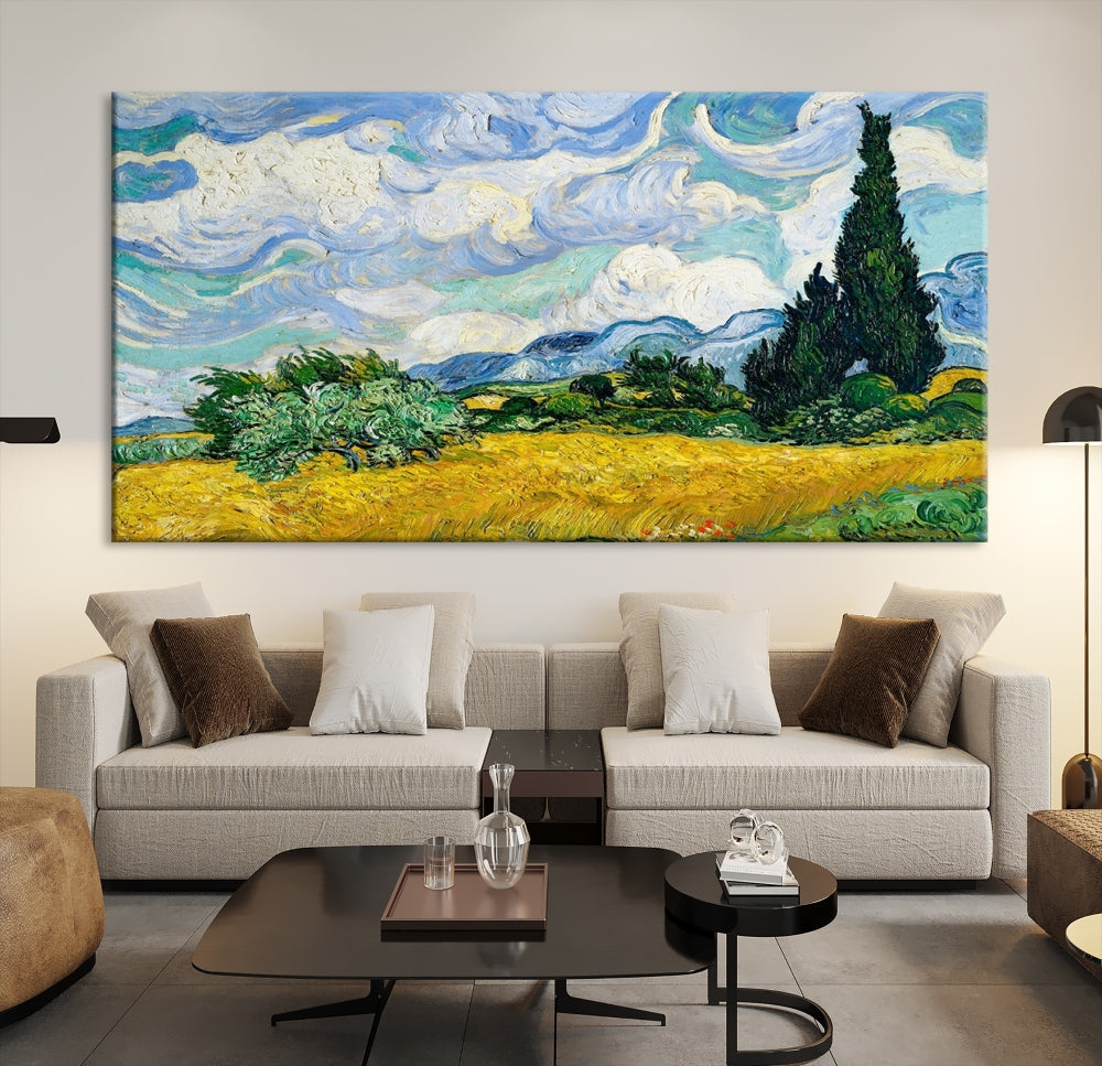 Van Gogh Canvas Painting Wheat Field with Cypresses Large Wall Art Framed Print