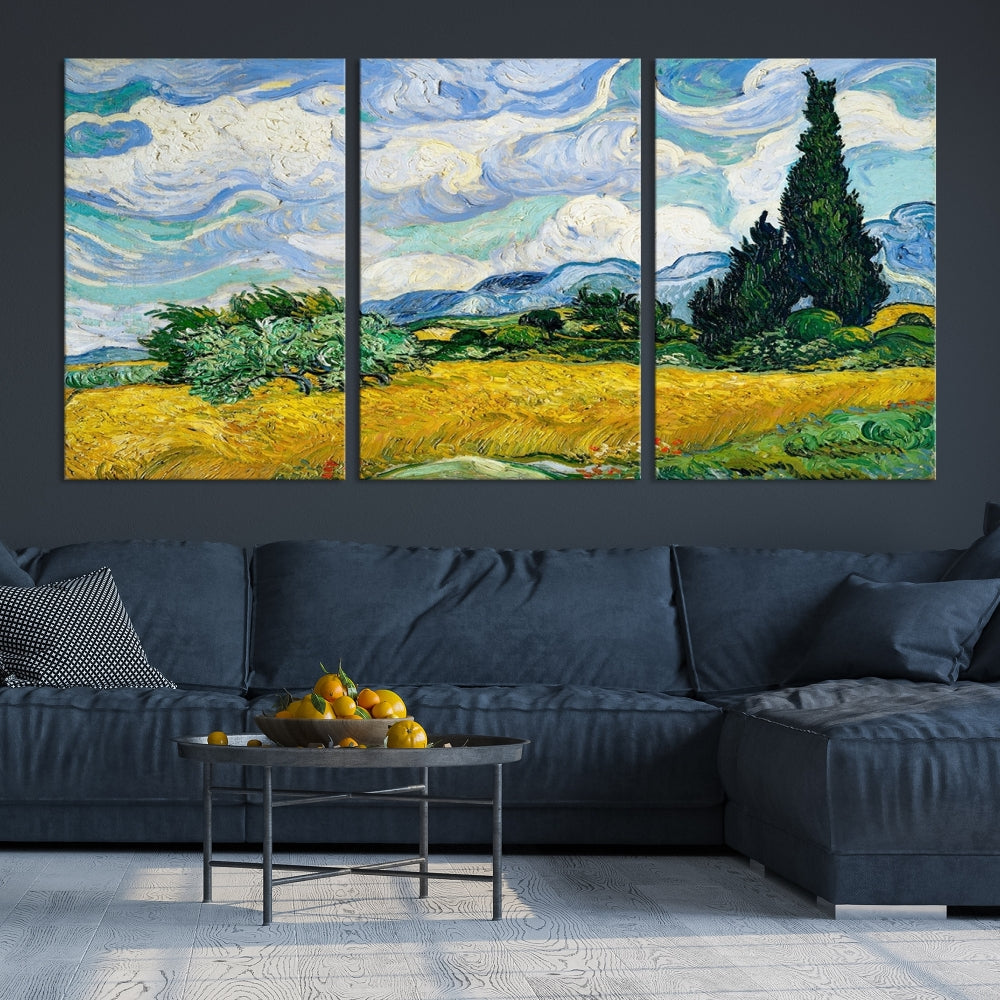 Van Gogh Canvas Painting Wheat Field with Cypresses Large Wall Art Framed Print