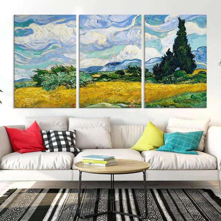 Van Gogh Canvas Painting Wheat Field with Cypresses Large Wall Art Framed Print