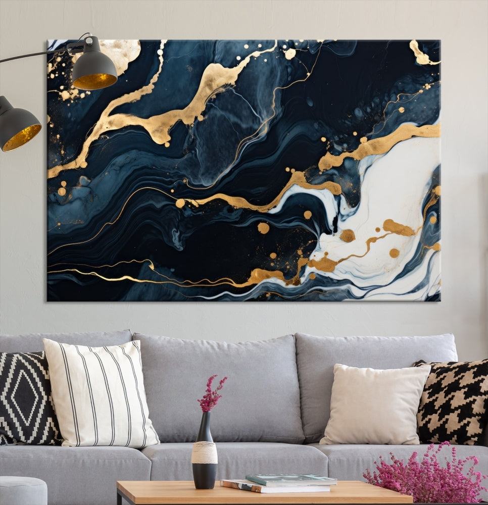 Vibrant Navy Blue Painting, Gold Abstract Wall Art, Large Canvas Print, Set of Panel Living Room Wall Decor