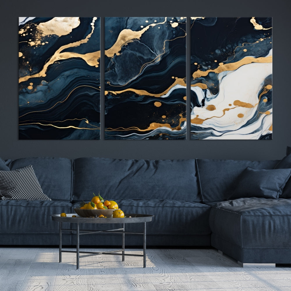 Vibrant Navy Blue Painting, Gold Abstract Wall Art, Large Canvas Print, Set of Panel Living Room Wall Decor