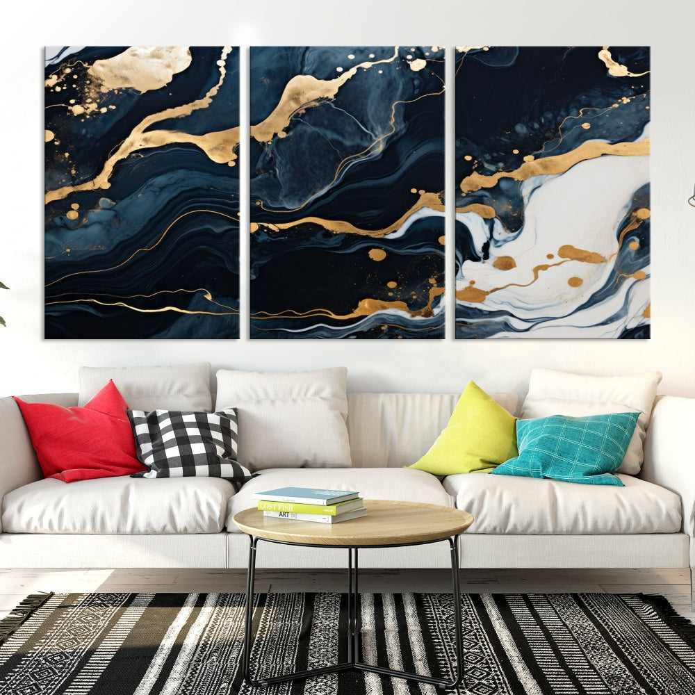 Vibrant Navy Blue Painting, Gold Abstract Wall Art, Large Canvas Print, Set of Panel Living Room Wall Decor