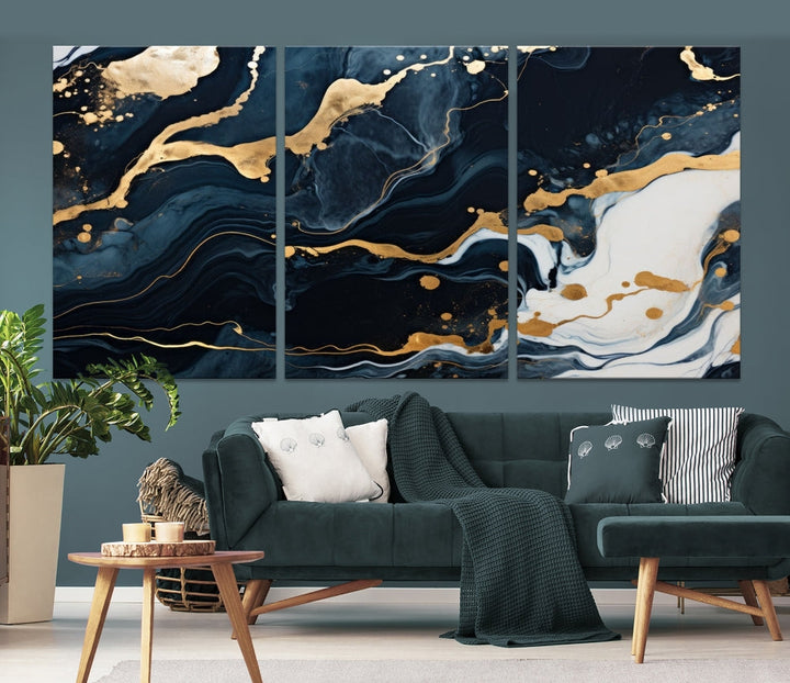 Vibrant Navy Blue Painting, Gold Abstract Wall Art, Large Canvas Print, Set of Panel Living Room Wall Decor