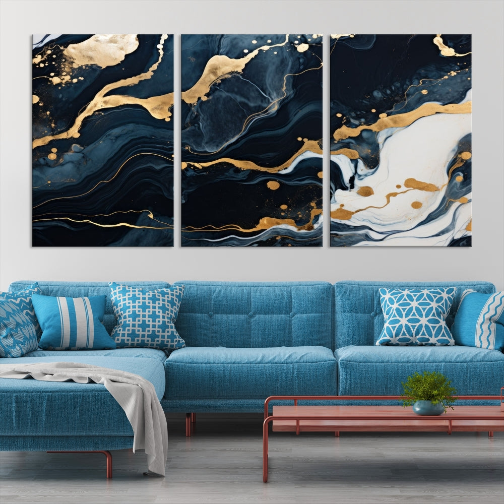 Vibrant Navy Blue Painting, Gold Abstract Wall Art, Large Canvas Print, Set of Panel Living Room Wall Decor