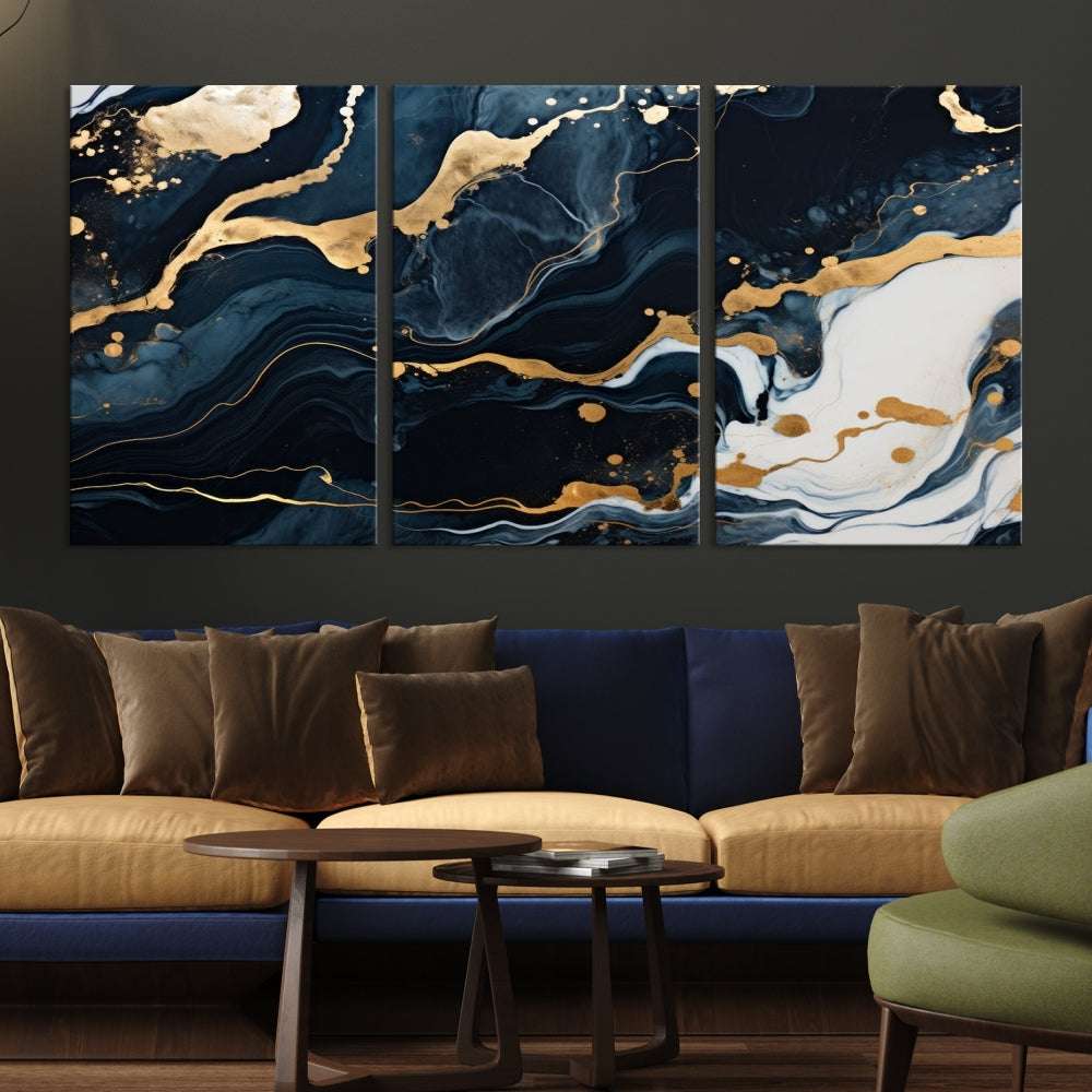 Vibrant Navy Blue Painting, Gold Abstract Wall Art, Large Canvas Print, Set of Panel Living Room Wall Decor