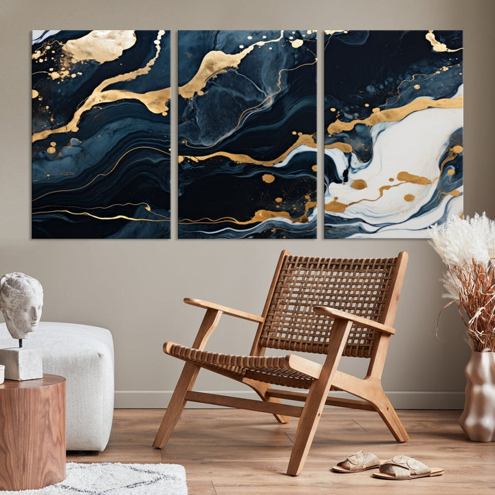 Vibrant Navy Blue Painting, Gold Abstract Wall Art, Large Canvas Print, Set of Panel Living Room Wall Decor