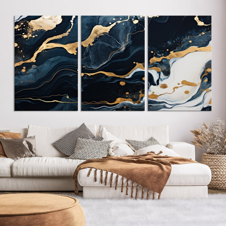 Vibrant Navy Blue Painting, Gold Abstract Wall Art, Large Canvas Print, Set of Panel Living Room Wall Decor