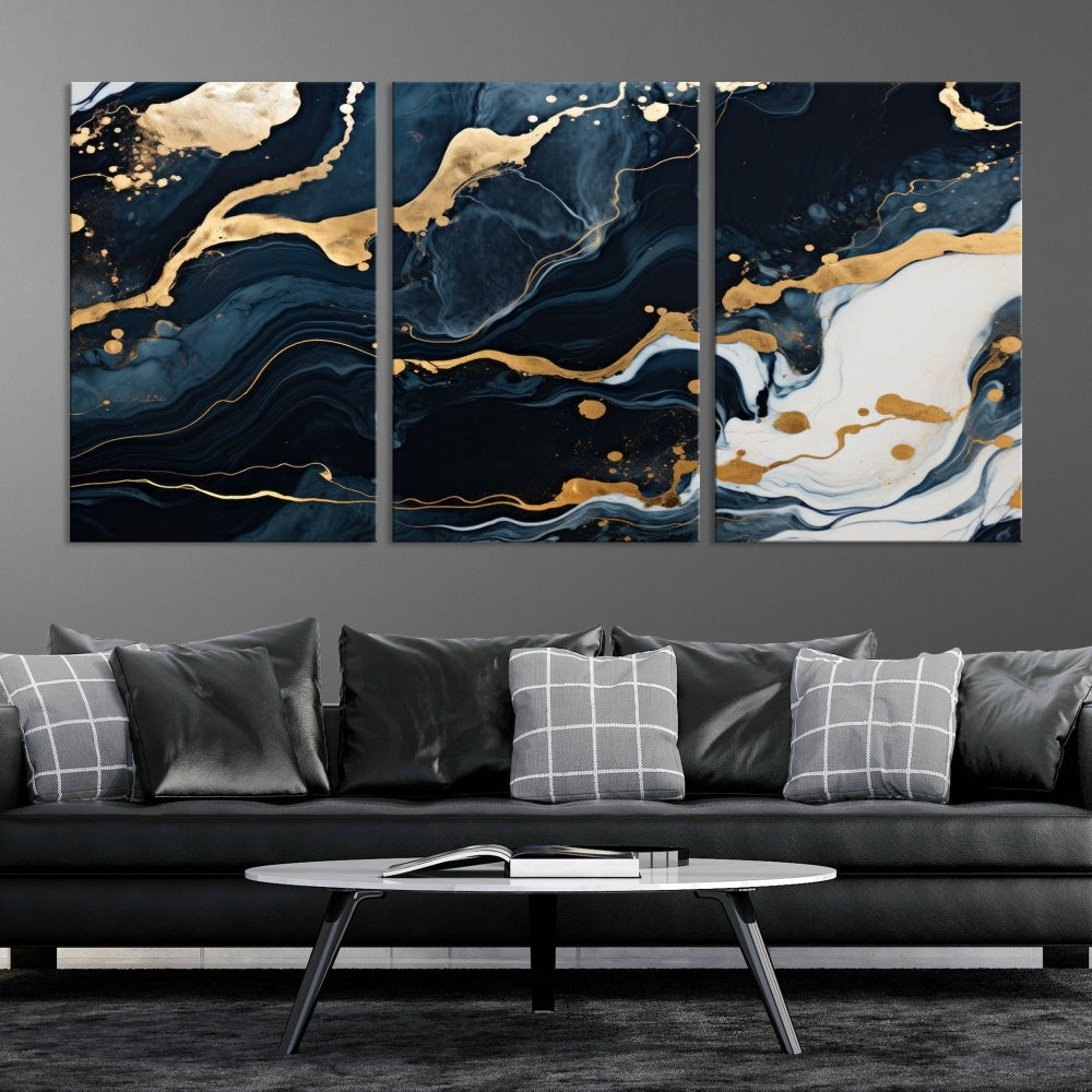 Vibrant Navy Blue Painting, Gold Abstract Wall Art, Large Canvas Print, Set of Panel Living Room Wall Decor