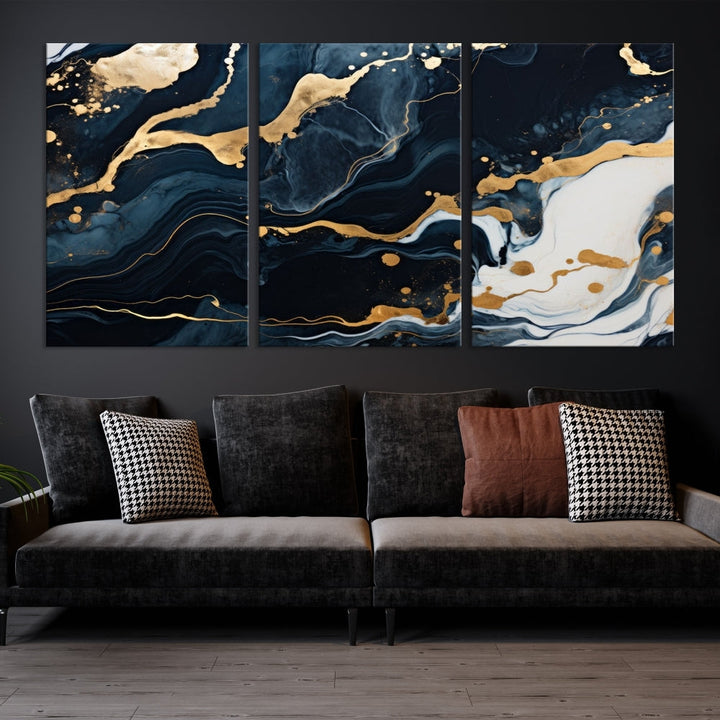 Vibrant Navy Blue Painting, Gold Abstract Wall Art, Large Canvas Print, Set of Panel Living Room Wall Decor