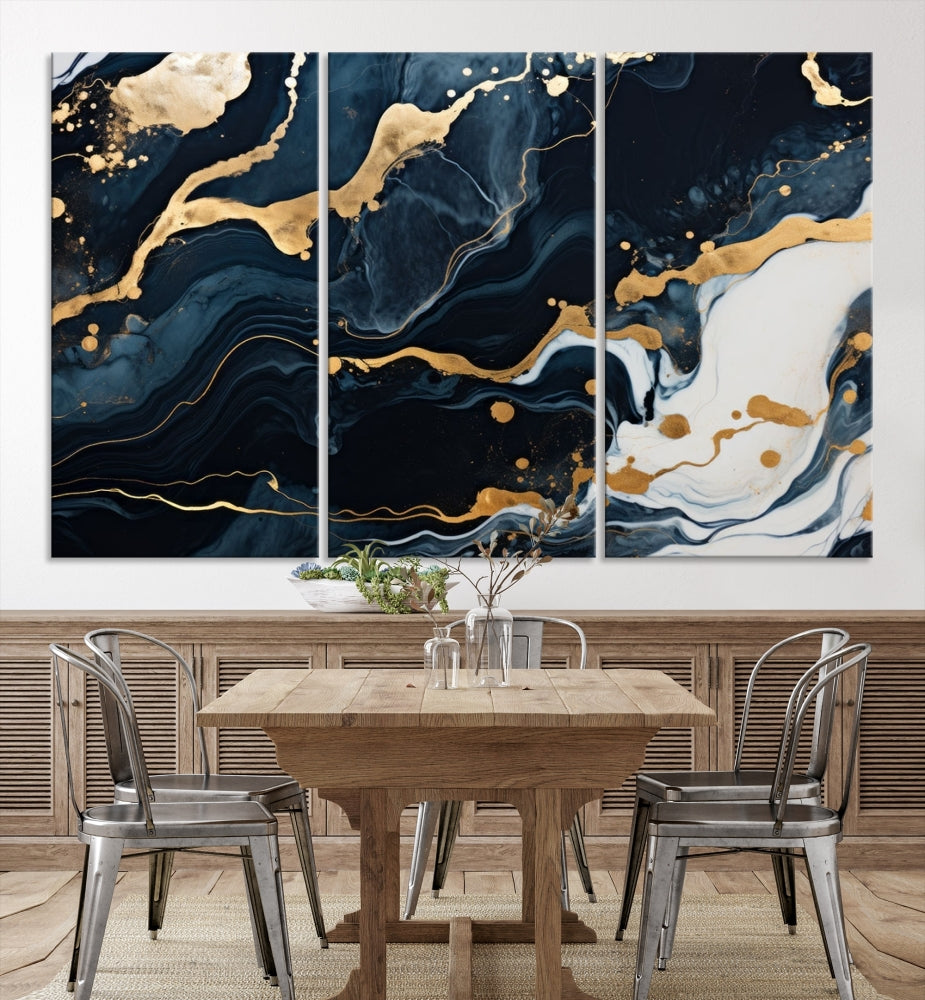 Vibrant Navy Blue Painting, Gold Abstract Wall Art, Large Canvas Print, Set of Panel Living Room Wall Decor