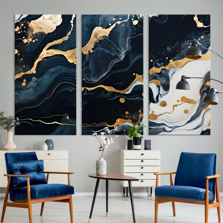 Vibrant Navy Blue Painting, Gold Abstract Wall Art, Large Canvas Print, Set of Panel Living Room Wall Decor