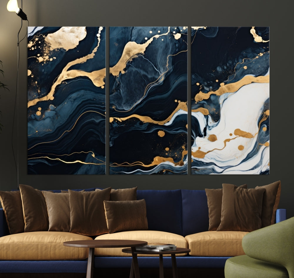 Vibrant Navy Blue Painting, Gold Abstract Wall Art, Large Canvas Print, Set of Panel Living Room Wall Decor