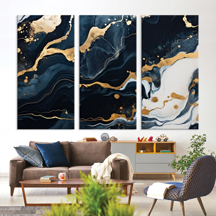 Vibrant Navy Blue Painting, Gold Abstract Wall Art, Large Canvas Print, Set of Panel Living Room Wall Decor