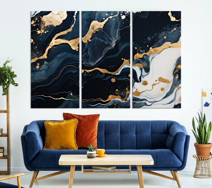 Vibrant Navy Blue Painting, Gold Abstract Wall Art, Large Canvas Print, Set of Panel Living Room Wall Decor