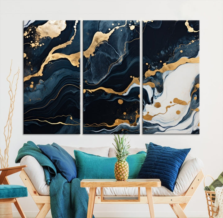 Vibrant Navy Blue Painting, Gold Abstract Wall Art, Large Canvas Print, Set of Panel Living Room Wall Decor