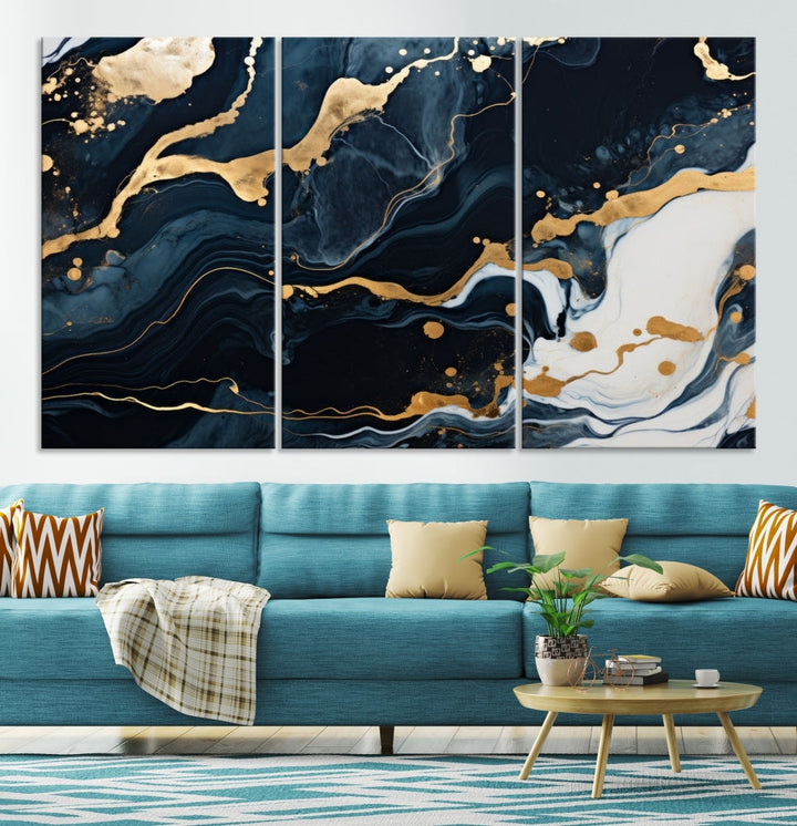 Vibrant Navy Blue Painting, Gold Abstract Wall Art, Large Canvas Print, Set of Panel Living Room Wall Decor