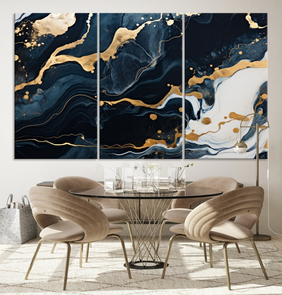 Vibrant Navy Blue Painting, Gold Abstract Wall Art, Large Canvas Print, Set of Panel Living Room Wall Decor