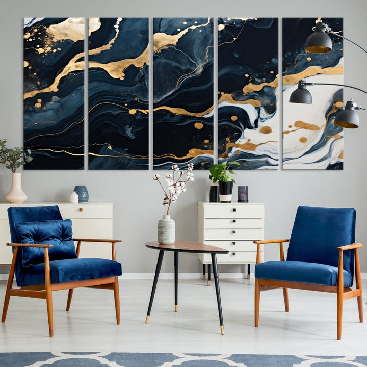 Vibrant Navy Blue Painting, Gold Abstract Wall Art, Large Canvas Print, Set of Panel Living Room Wall Decor