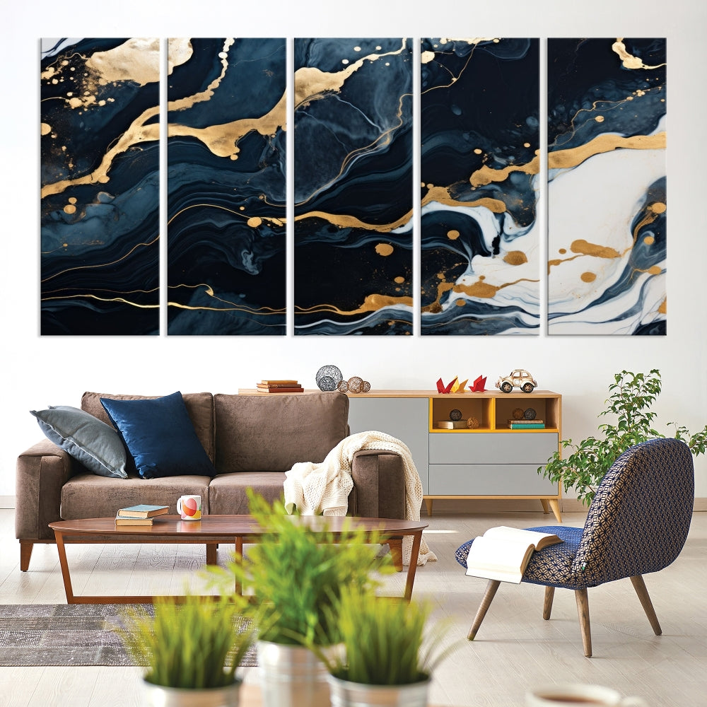 Vibrant Navy Blue Painting, Gold Abstract Wall Art, Large Canvas Print, Set of Panel Living Room Wall Decor