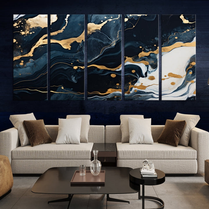 Vibrant Navy Blue Painting, Gold Abstract Wall Art, Large Canvas Print, Set of Panel Living Room Wall Decor