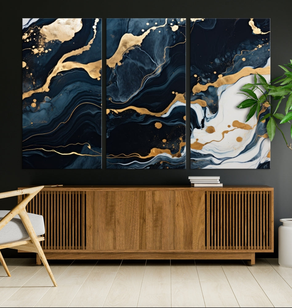 Vibrant Navy Blue Painting, Gold Abstract Wall Art, Large Canvas Print, Set of Panel Living Room Wall Decor