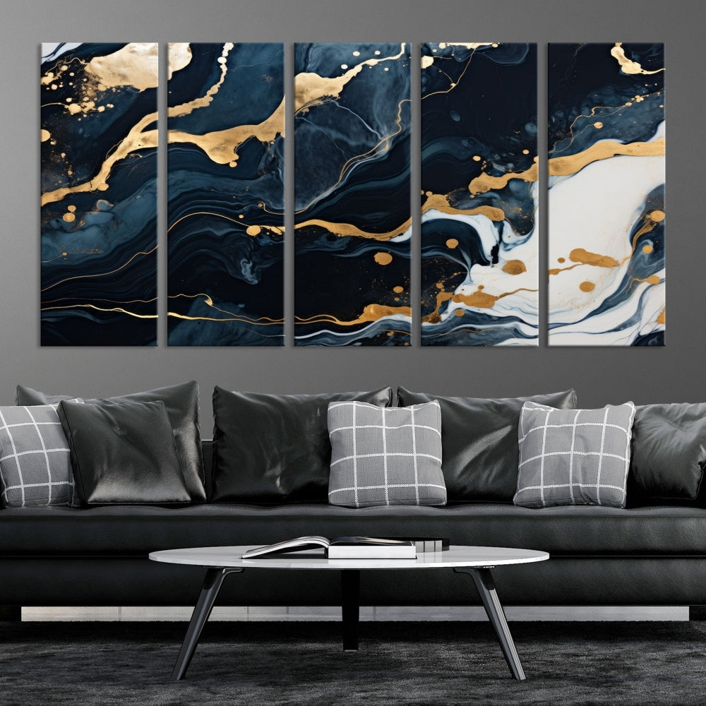 Vibrant Navy Blue Painting, Gold Abstract Wall Art, Large Canvas Print, Set of Panel Living Room Wall Decor