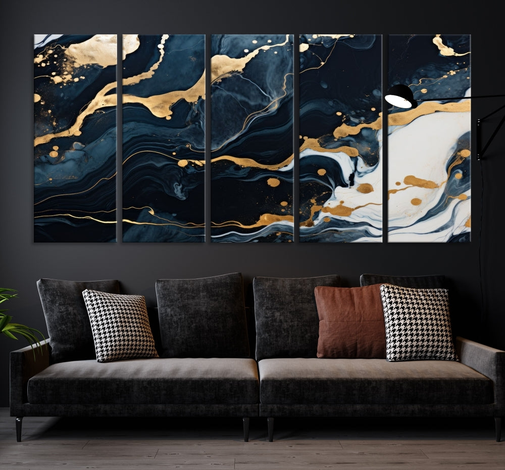 Vibrant Navy Blue Painting, Gold Abstract Wall Art, Large Canvas Print, Set of Panel Living Room Wall Decor