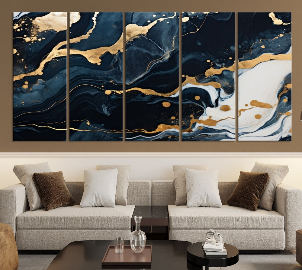 Vibrant Navy Blue Painting, Gold Abstract Wall Art, Large Canvas Print, Set of Panel Living Room Wall Decor